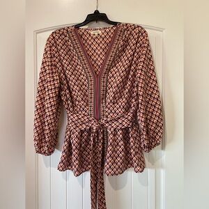 Max Studio Geometric V-Neck Blouse in Red and Cream